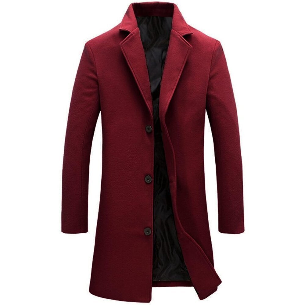 Mens Wine red Wool Blend Trench Coat Notch Lapel Camel Peacoats Winter Overcoat
